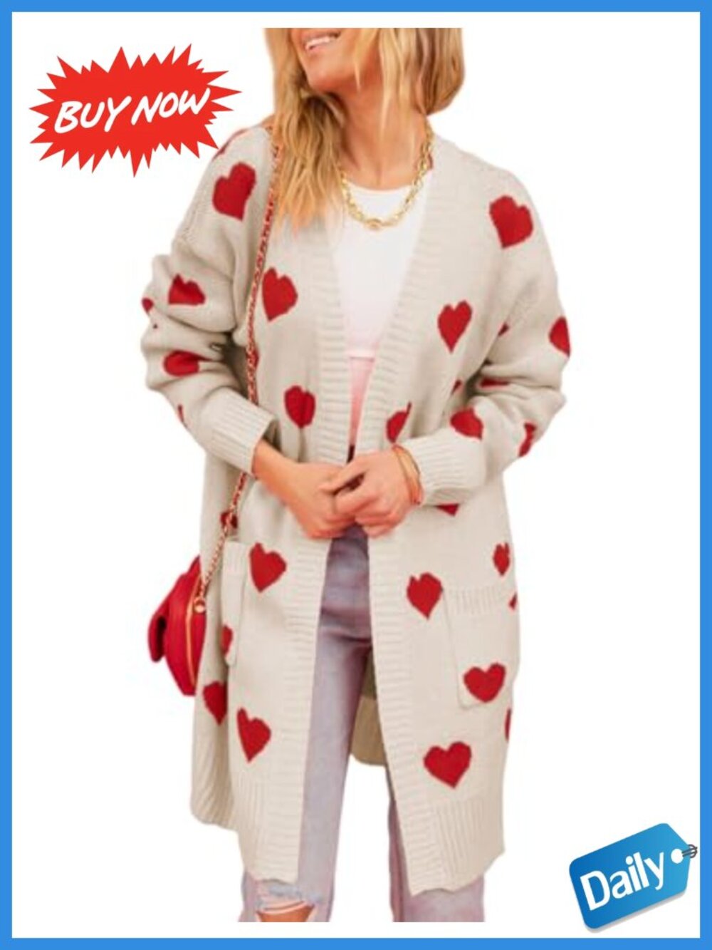 Cable Knit Heart Open Front Long Cardigan Chunky Sweater